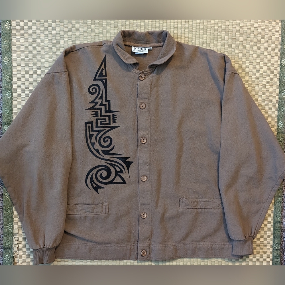 Vintage By Taylor Tribal Print Twill Chore Coat Brown Mens Size L/XL Made in USA